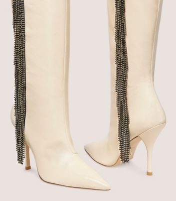 Stuart Weitzman,CRYSTAL FRINGE BOOT,Boot,Glass calf leather & crystal,Alabaster & Black Diamond,Detailed View