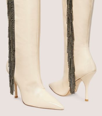 Stuart Weitzman,CRYSTAL FRINGE BOOT,Leather,Rubber,Boots,Crystal,Embellished,Fringe,Rhinestones,Party,Cream,Detailed View