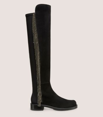 Stuart Weitzman,BOTTE 5050 BOLD AVEC FRANGE À CRISTAUX,Boot,Suède et cristaux,Noir et diamant noir,Front View