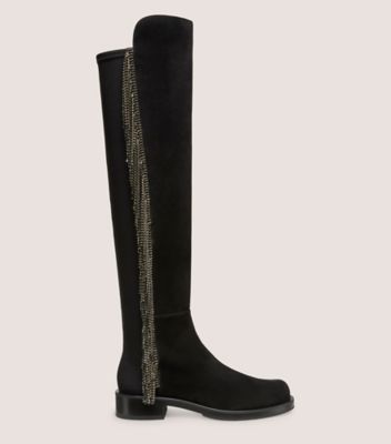 Stuart Weitzman,5050 BOLD CRYSTAL FRINGE BOOT,Boot,Suede & crystal,Black & Black Diamond,Front View