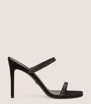 Stuart Weitzman,ALEENA ROYALE 100 SLIDE,Leather,Slides,Crystal,Rhinestones,Cocktail,Metallic,Black