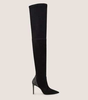 Stuart Weitzman,BOTTE ULTRASTUART ROYALE 100,Boot,Suède extensible et cristaux,Noir et graphite,Front View