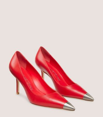 Stuart Weitzman,STUART CAPSIZE 85 PUMP,Pump,Lacquered nappa leather & metal,Cherry & Brushed Silver,Angle View