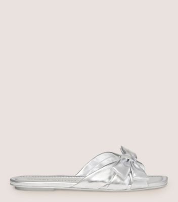 Stuart Weitzman,SOFIA SLIDE,Slide,Liquid Metallic Leather,Silver,Front View