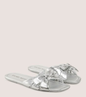 Stuart Weitzman,SOFIA SLIDE,Leather,Slides,Bow,Day Party,Metallic,Silver,Angle View