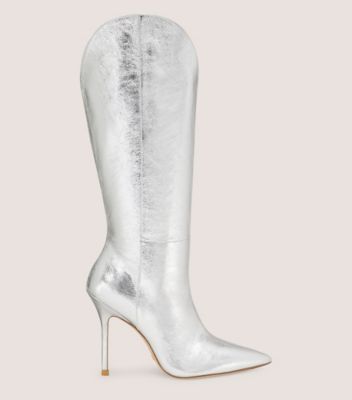 Stuart Weitzman,BOTTE STUART OUTRIDER 100,Boot,Cuir métallique à grain écrasé,Argent,Front View