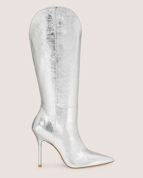 Stuart Weitzman,STUART OUTRIDER 100 BOOT,Boot,Crushed Metallic Leather,Silver,Front View