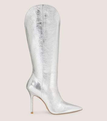Stuart Weitzman,STUART OUTRIDER 100 BOOT,Boot,Crushed Metallic Leather,Silver,Front View