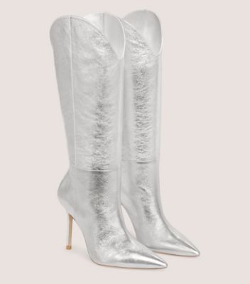 Stuart Weitzman,STUART OUTRIDER 100 BOOT,Boot,Crushed Metallic Leather,Silver,Angle View