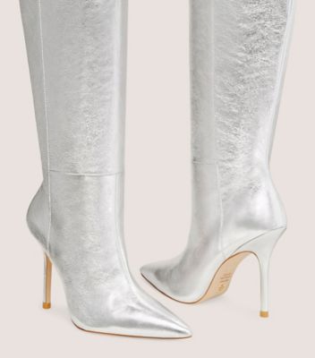 Stuart Weitzman,STUART OUTRIDER 100 BOOT,Metallic,Leather,Boots,Party,Metallic,Silver,Detailed View