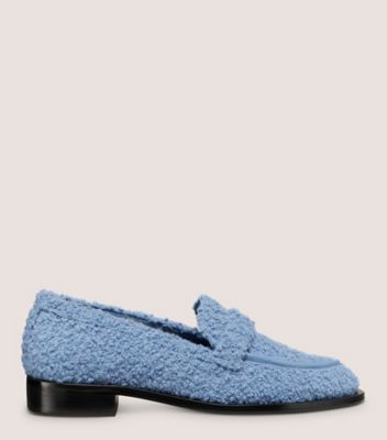 Stuart Weitzman,PALMER SLEEK LOAFER,Leather,Rubber,Flats,Loafer,Penny Loafer,Notched Embellishment,Day Party,Blue,Front View