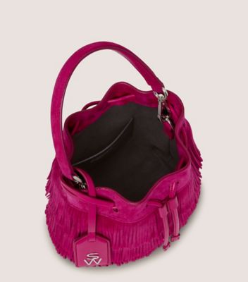 Stuart Weitzman,RAE FRINGE MINI BUCKET BAG,Suede,Bucket,Fringe,Embellished,Logo,Metal,Day Party,Fuchsia,Top View