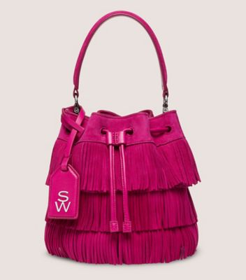 Stuart Weitzman,RAE FRINGE MINI BUCKET BAG,Suede,Bucket,Fringe,Embellished,Logo,Metal,Day Party,Fuchsia,Front View