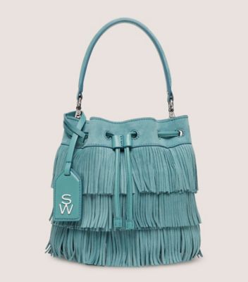 Stuart Weitzman,RAE FRINGE MINI BUCKET BAG,Bucket bag,Suede,Cactus,Front View