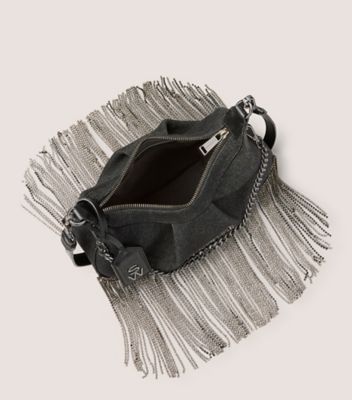 Stuart Weitzman,STELLAR CRESCENT CRYSTAL FRINGE BAG,Shoulder bag,Vintage denim & crystal,Black & Black Diamond,Top View