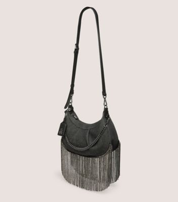 Stuart Weitzman,STELLAR CRESCENT CRYSTAL FRINGE BAG,Shoulder bag,Vintage denim & crystal,Black & Black Diamond