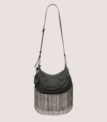 Stuart Weitzman,SAC CROISSANT STELLAR AVEC FRANGE À CRISTAUX,Shoulder bag,Denim rétro et cristal,Noir et diamant noir,Front View