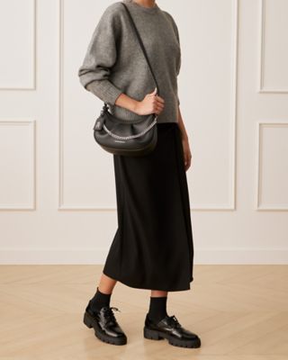 Stuart Weitzman,STELLAR CRESCENT BAG,Leather,Crossbody,Faux Leather,Logo,Metal,Pleats,Day Party,Black