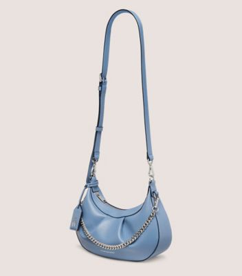 Stuart Weitzman,STELLAR CRESCENT BAG,Leather,Crossbody,Faux Leather,Logo,Metal,Pleats,Day Party,Blue,Side View