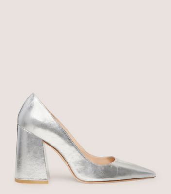 Stuart Weitzman,SW X AKNVAS BLOCK PUMP,Crushed Metallic Leather,Silver,Front View