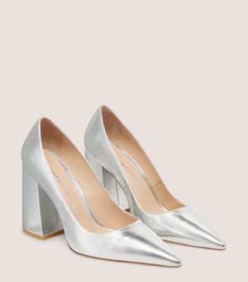 Stuart Weitzman,SW X AKNVAS BLOCK PUMP,Crushed Metallic Leather,Silver