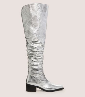 Stuart Weitzman,BOTTE SOUPLE SW X AKNVAS,Cuir métallique à grain écrasé,Argent,Front View