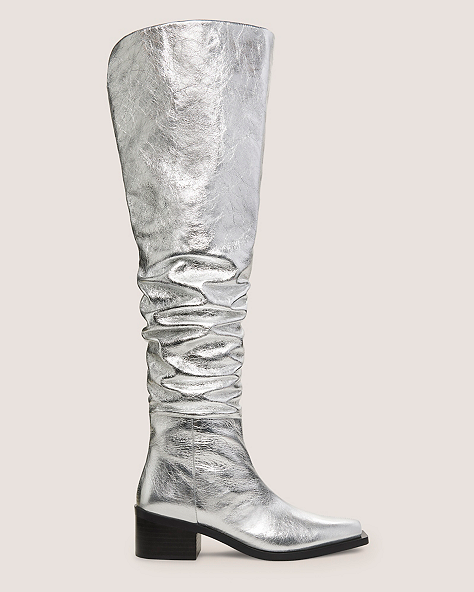 Stuart Weitzman,SW X AKNVAS SCRUNCH BOOT,Crushed Metallic Leather,Silver,Front View