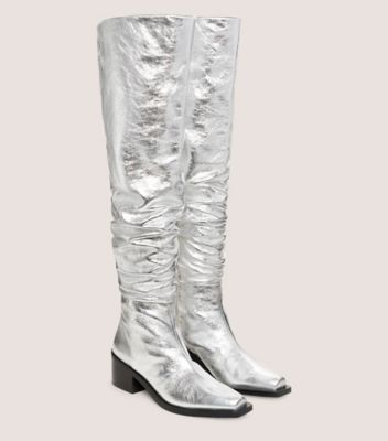 Stuart Weitzman,SW X AKNVAS SCRUNCH BOOT,Crushed Metallic Leather,Silver,Angle View
