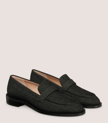 Stuart Weitzman,PALMER SLEEK LOAFER,Leather,Rubber,Flats,Loafer,Notched Embellishment,Penny Loafer,Formal,Black,Angle View