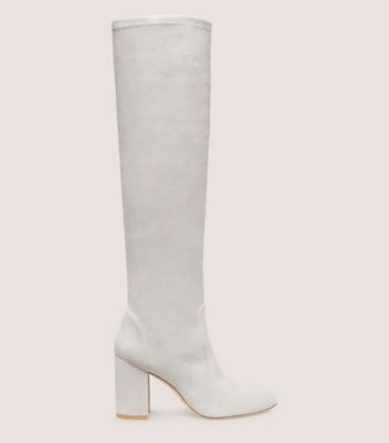 Stuart Weitzman,YULIANA 85 SLOUCH BOOT,Stretch suede,Perla Light Gray,Front View