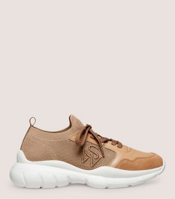 Stuart Weitzman,5050 SNEAKER,Sneaker,Leather & knit fabric,Tobacco,Front View