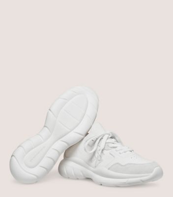 Stuart Weitzman,5050 SNEAKER,Rubber,Casual,Embroidered,Mixed Media,Logo,Sock,Flexible,Pull Tab,Outdoor,White,Shoe on model