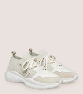 Stuart Weitzman,5050 SNEAKER,Sneaker,Leather & knit fabric,Light Beige & White,Angle View