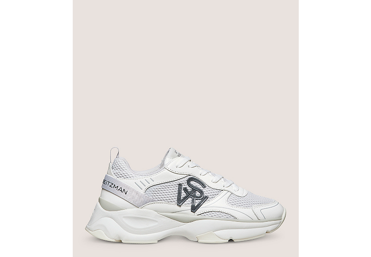 Stuart Weitzman,SW TRAINER,Sneaker,Calf leather & mesh,Grey & White,Front View