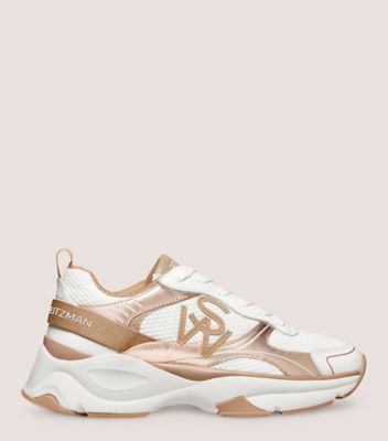 Stuart Weitzman,SW TRAINER,Sneaker,Calf leather & mesh,White & Tobacco,Front View