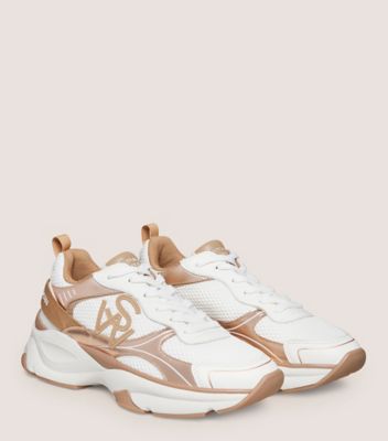 Stuart Weitzman,SW TRAINER,Sneaker,Calf leather & mesh,White & Tobacco,Angle View