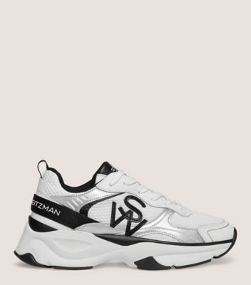 Shop Stuart Weitzman Sw Trainer Sneakers In White/black/grey