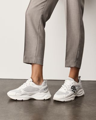 Stuart Weitzman,SW TRAINER,Sneaker,Calf leather & mesh,White & Light Green,Shoe on tall model