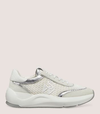 Stuart Weitzman Sw Glide Mesh Sneaker In White, Light Beige & Silver