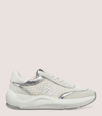 Stuart Weitzman,SW GLIDE MESH SNEAKER,Sneaker,Mesh, calf leather & metallic leather,White, Light Beige & Silver,Front View