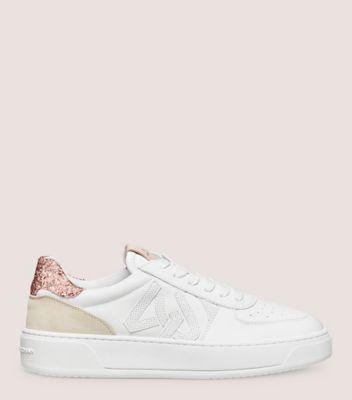 Stuart Weitzman,SW COURTSIDE MONOGRAM SNEAKER,Sneaker,Calf leather & glitter,White & Nude,Front View