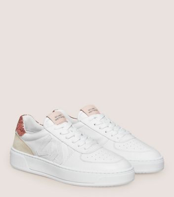 Stuart Weitzman,SW COURTSIDE MONOGRAM SNEAKER,Rubber,Lining Mesh,Casual,Perforated,Mixed Media,Sequin,Pull Tab,Flexible,Ca...,White,Angle View