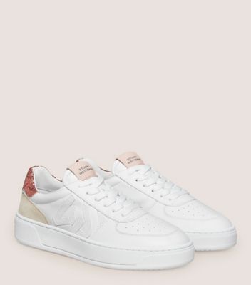 Stuart Weitzman,SW COURTSIDE MONOGRAM SNEAKER,Sneaker,Calf leather & glitter,White & Nude,Angle View