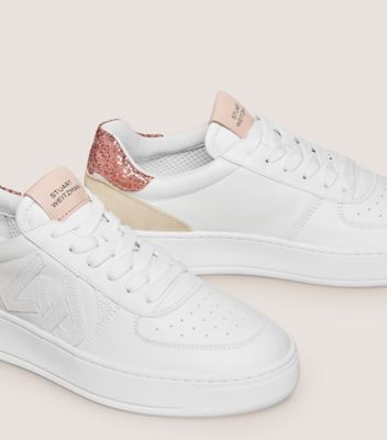 Stuart Weitzman,SW COURTSIDE MONOGRAM SNEAKER,Sneaker,Calf leather & glitter,White & Nude,Detailed View