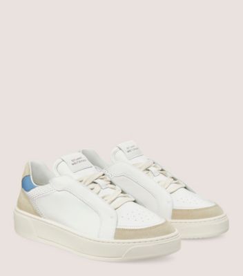 Stuart Weitzman,SW COURTSIDE RETRO SNEAKER,Sneaker,Calf leather,Light Beige, White & Azure,Angle View