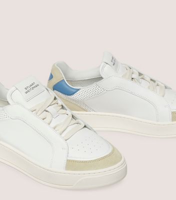 Stuart Weitzman,SW COURTSIDE RETRO SNEAKER,Sneaker,Calf leather,Light Beige, White & Azure,Detailed View