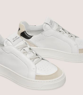 Stuart Weitzman,SW COURTSIDE RETRO SNEAKER,Sneaker,Calf leather,Light Beige, White & Black,Detailed View