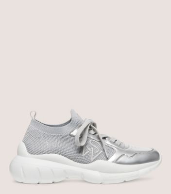 Stuart Weitzman,5050 SNEAKER,Sneaker,Metallic leather & knit fabric,Grey & Silver,Front View