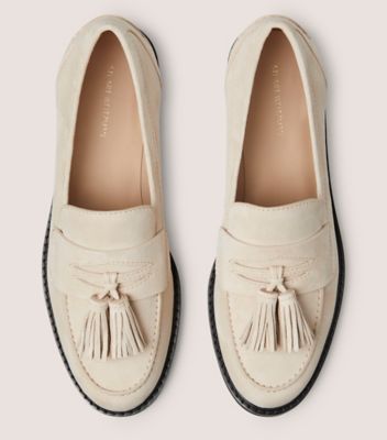 Stuart Weitzman,ADRINA LOAFER,Leather,Rubber,Flats,Loafer,Notched Embellishment,Penny Loafer,Tassel,Work,Cream