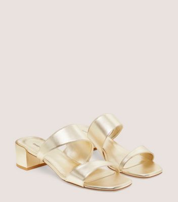 Stuart Weitzman,MIAMI 35 SLIDE,Slide,Metallic leather,Platino Gold,Angle View